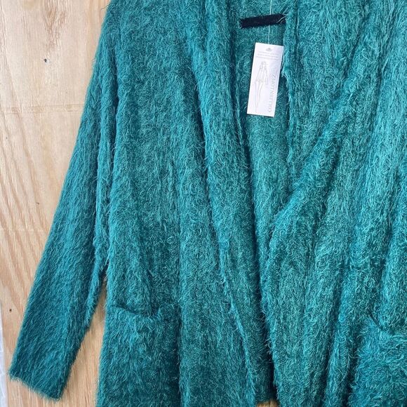 NWT Colleen Lopez Green Soft Fuzzy Open Cardigan Sz L Lagenlook Cottagecore Y2K - Picture 2 of 5